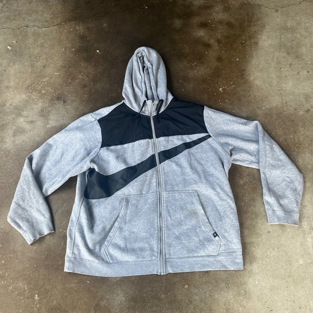 Nike Full Zip Hoodie Mens XXL Grey Good Oversized Swoosh Big Logo Fleece Jacket